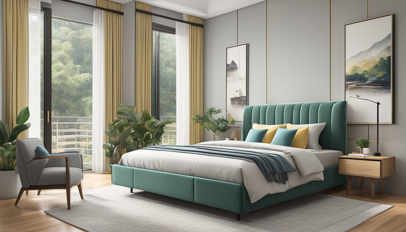 A queen size bed with dimensions of 153 cm x 203 cm in a modern Singaporean bedroom