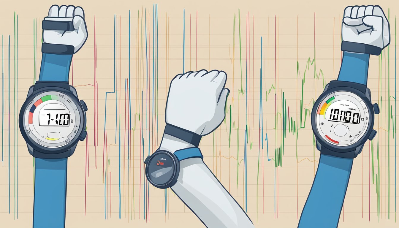 A heart rate monitor strapped to a wrist, displaying a steady graph of a walking heart rate