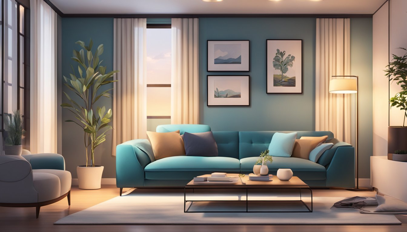 A cozy living room with a sleek, modern sofa as the focal point, surrounded by soft lighting and stylish decor