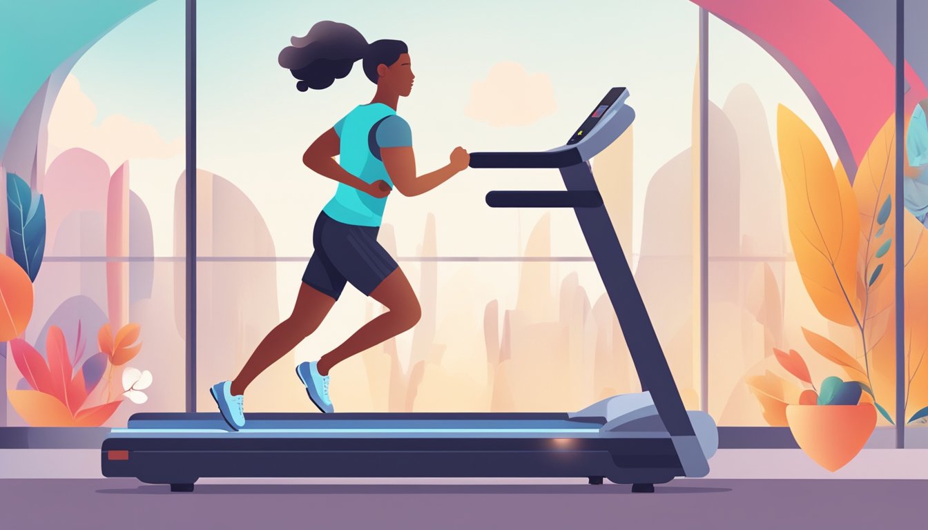 A person walking on a treadmill, surrounded by various factors such as temperature, incline, and speed, with a heart rate monitor displaying the fluctuating heart rate