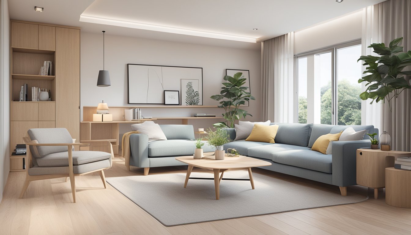 A cozy living room with sleek and minimalist Scandinavian furniture in Singapore. Light wood tones, clean lines, and functional design