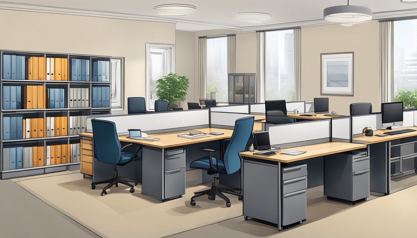 The office furniture is matching in style and color, with desks, chairs, and cabinets all coordinated for a cohesive look