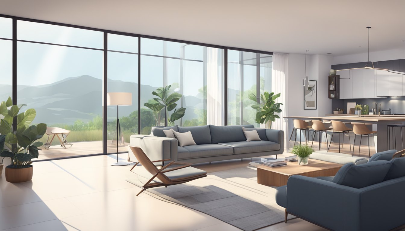 A sleek, open-concept modern house interior with minimalist furniture, large windows, and natural light streaming in