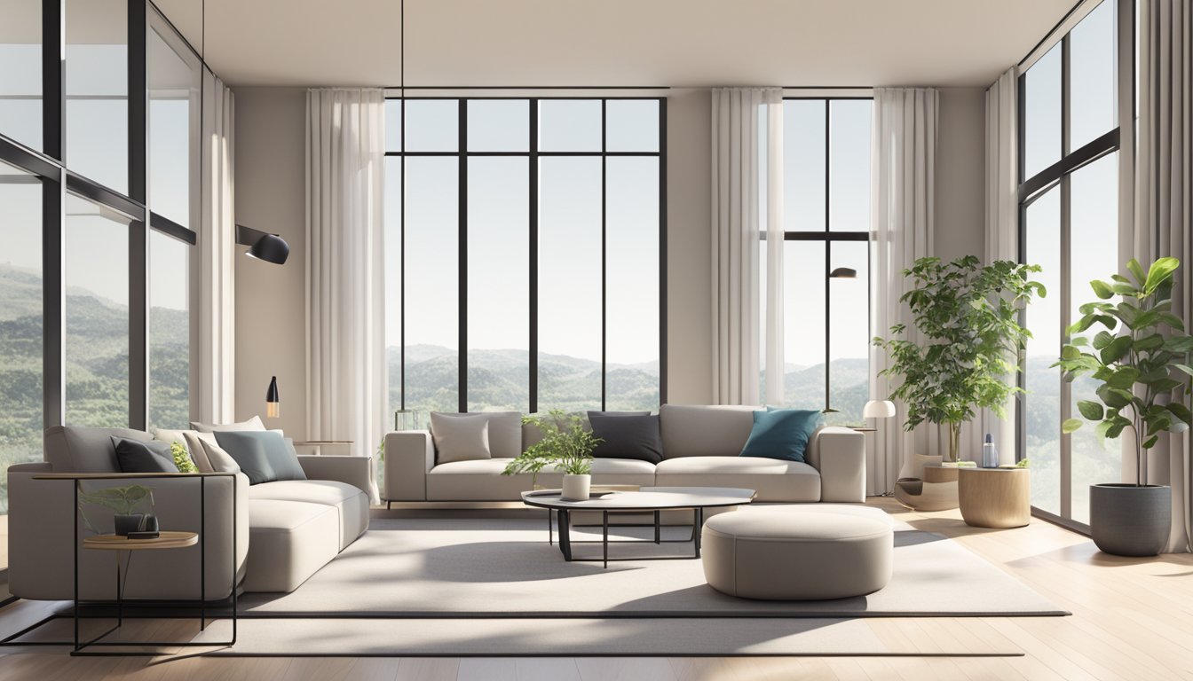 A sleek, minimalist living room with clean lines, neutral colors, and modern furniture. Large windows allow natural light to fill the space, creating a bright and airy atmosphere