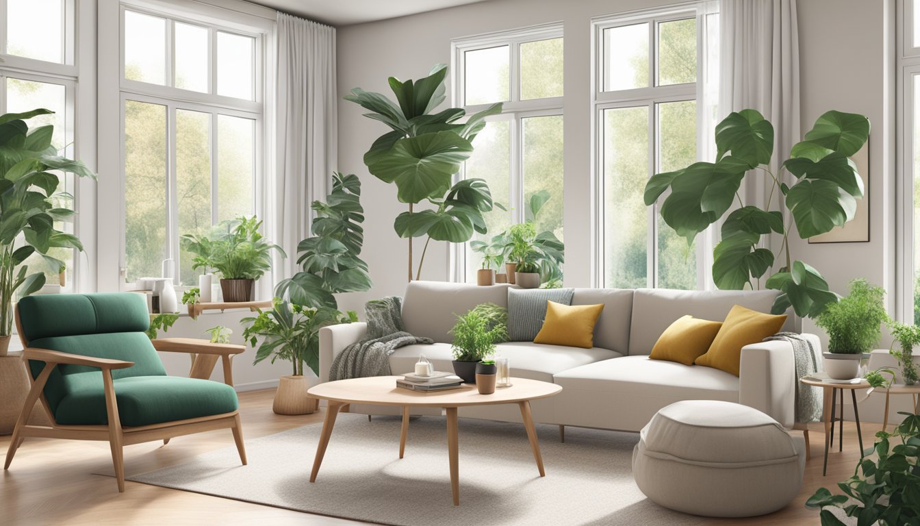 A cozy living room filled with sleek, minimalist Scandinavian furniture, bathed in natural light from large windows, with lush green plants adding a touch of nature