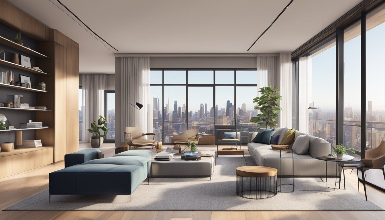 A sleek, open-concept living space with high-end furniture, minimalist decor, and expansive windows showcasing city views