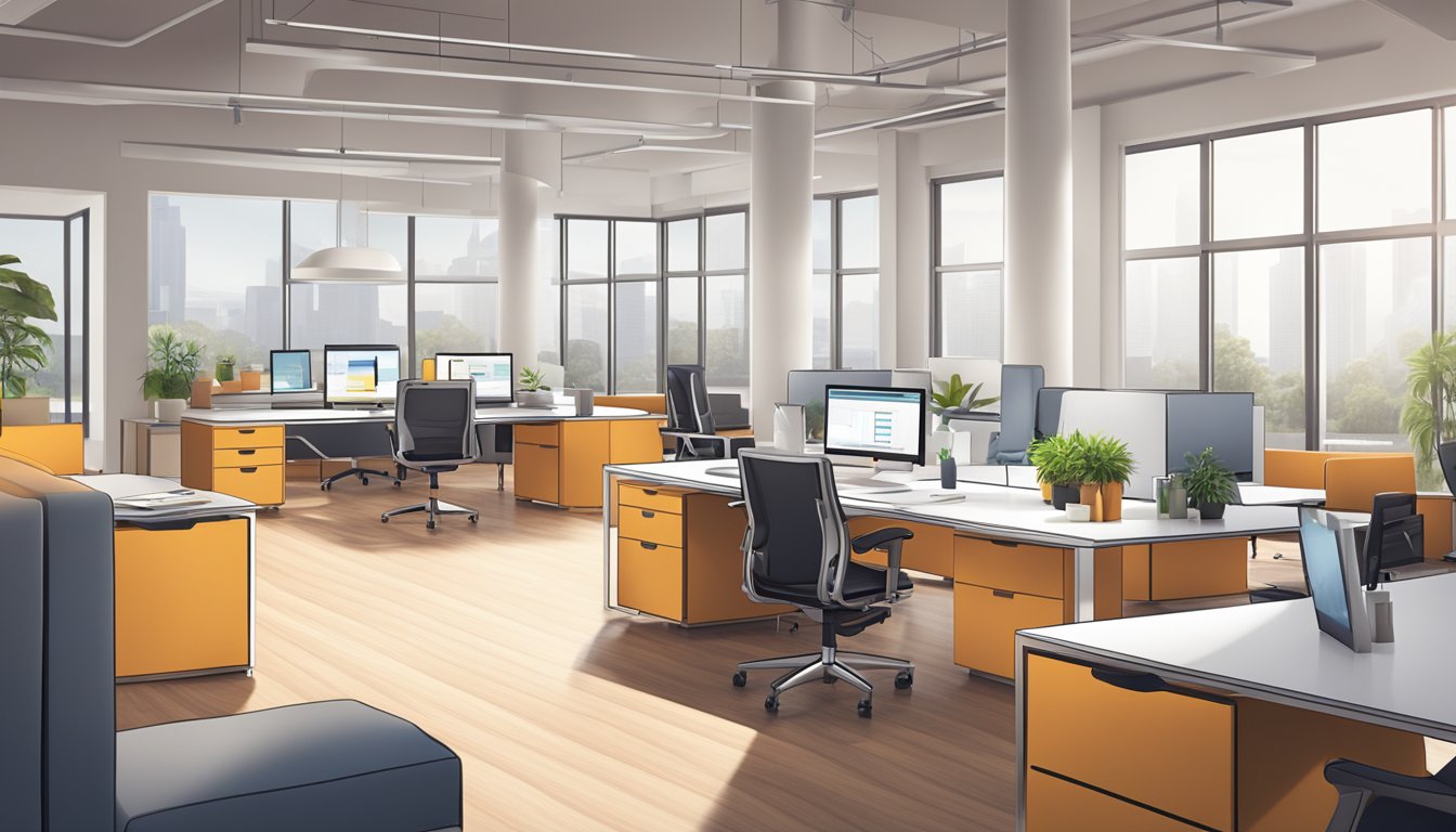 Office furniture arranged in a modern, open-concept workspace with sleek, matching designs and elevated dynamics