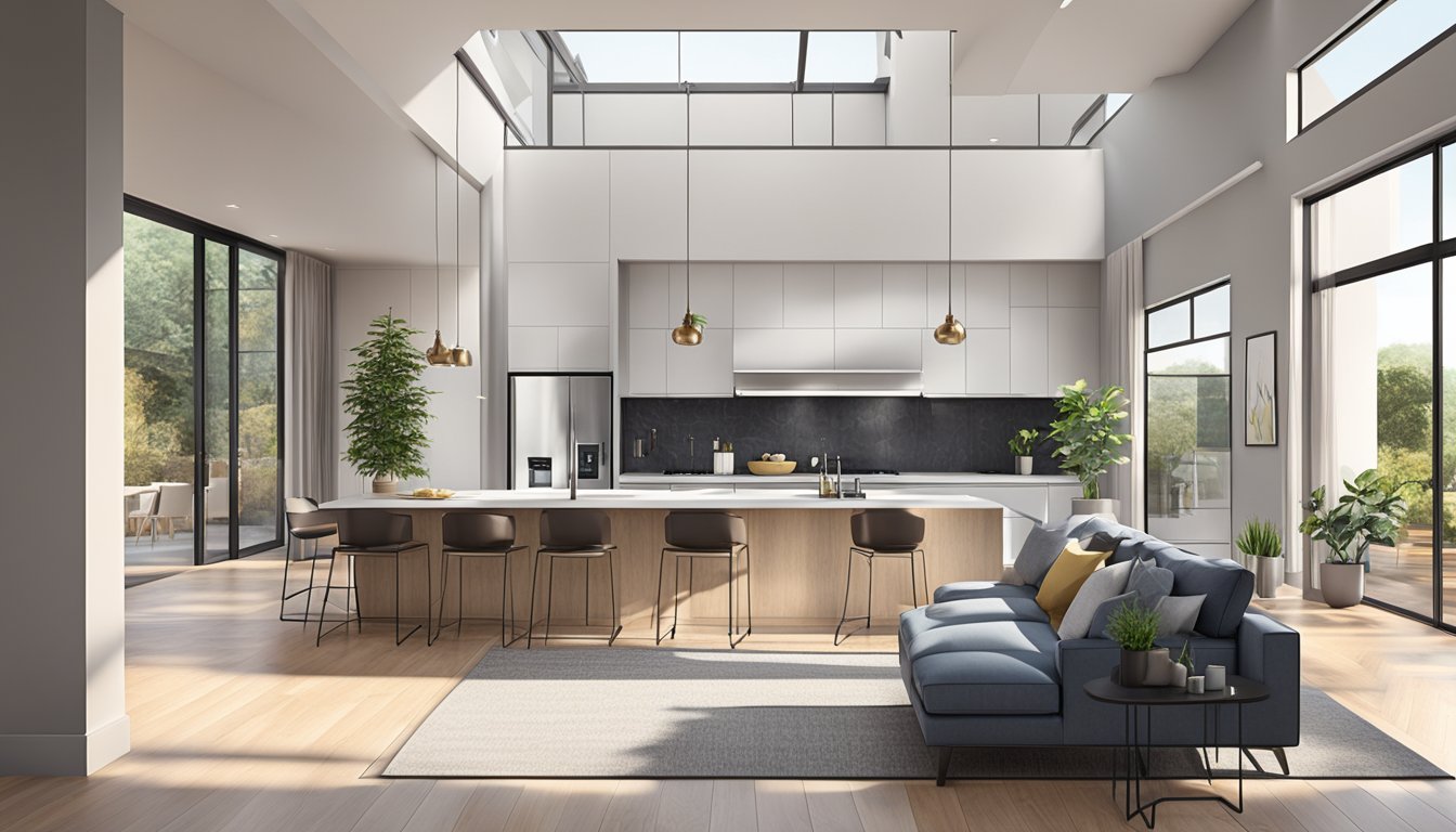 A spacious, open-concept living area with high ceilings, natural light, and sleek modern furniture. The kitchen features clean lines, minimalist design, and high-end appliances