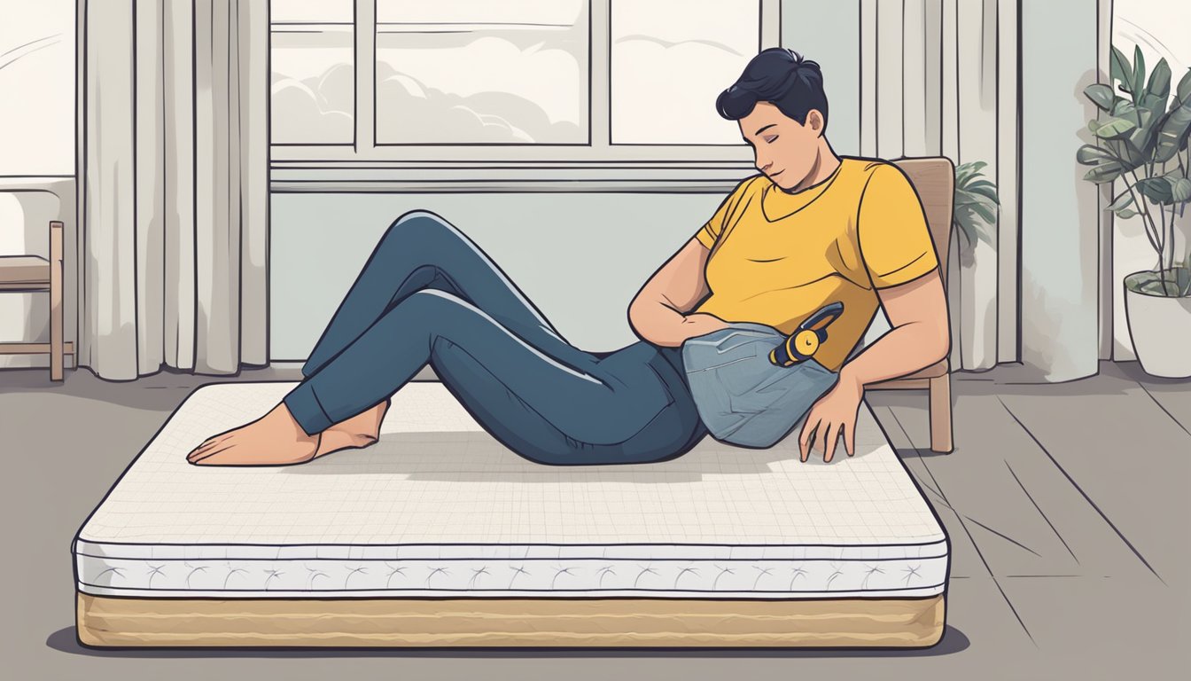 A person comparing a single and super single mattress, with a tape measure and a thoughtful expression