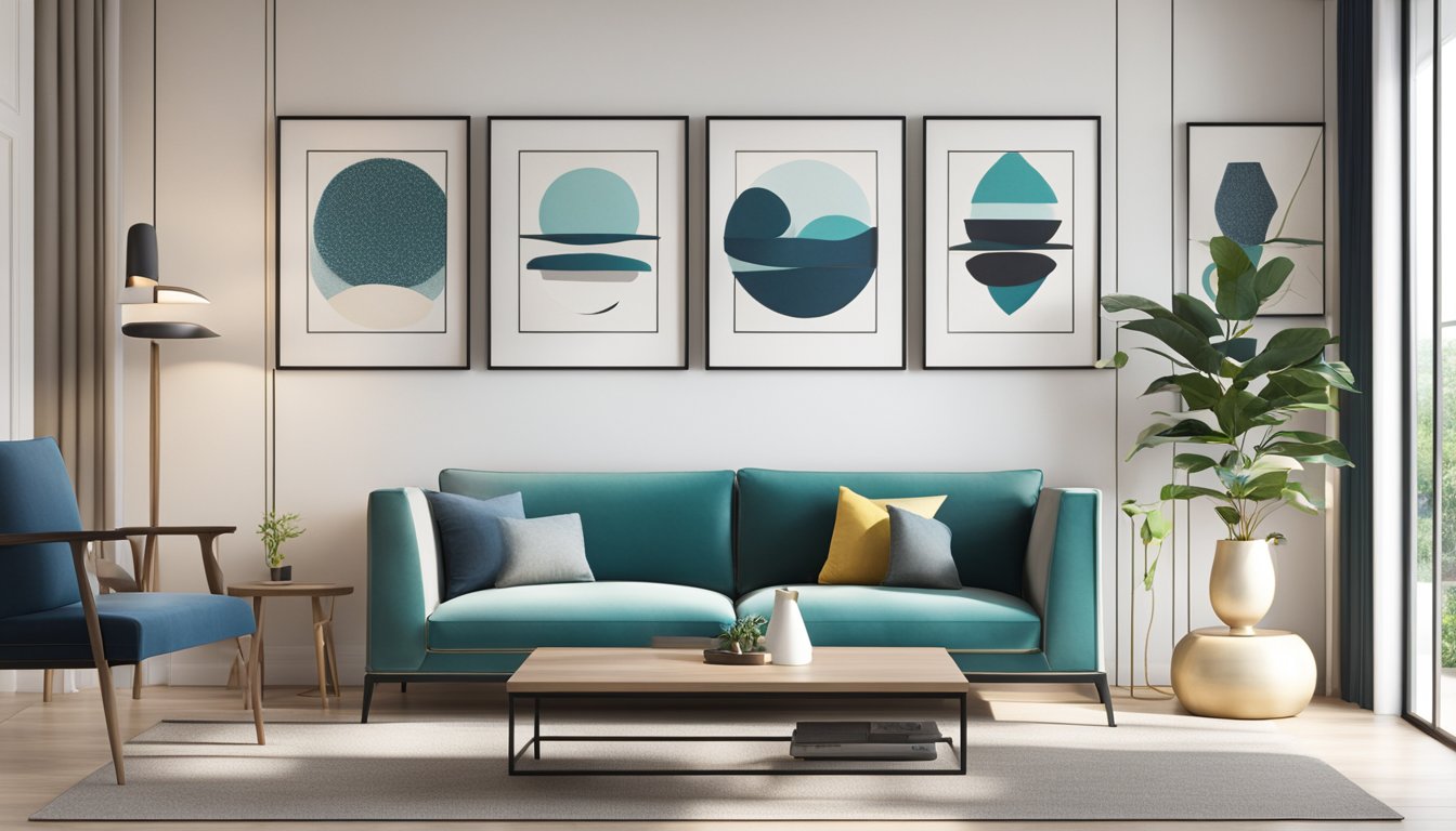 A modern display shelf in a bright, contemporary Singapore living room, showcasing elegant decor and framed artwork