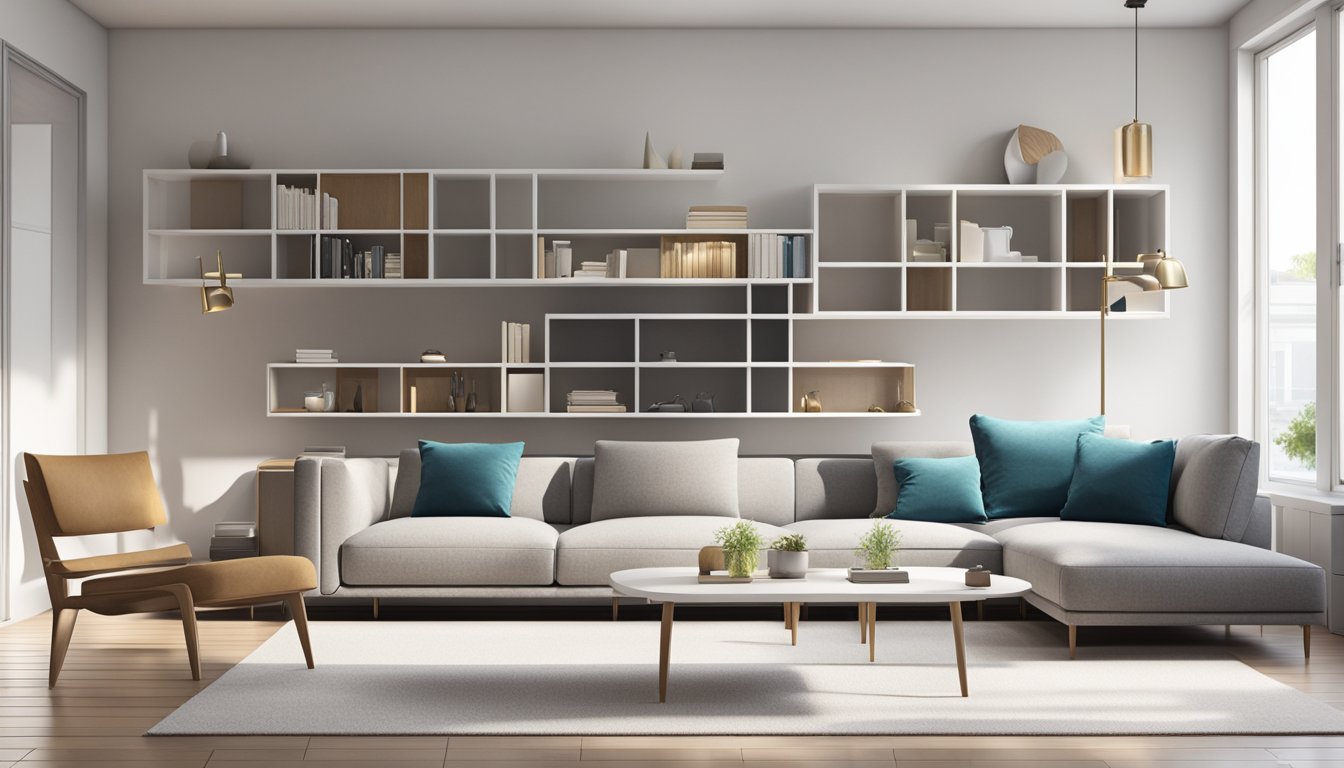 A modern living room with a sleek, minimalist display shelf showcasing elegant decor and collectibles. The shelf is positioned against a backdrop of clean, white walls and bathed in natural light from large windows