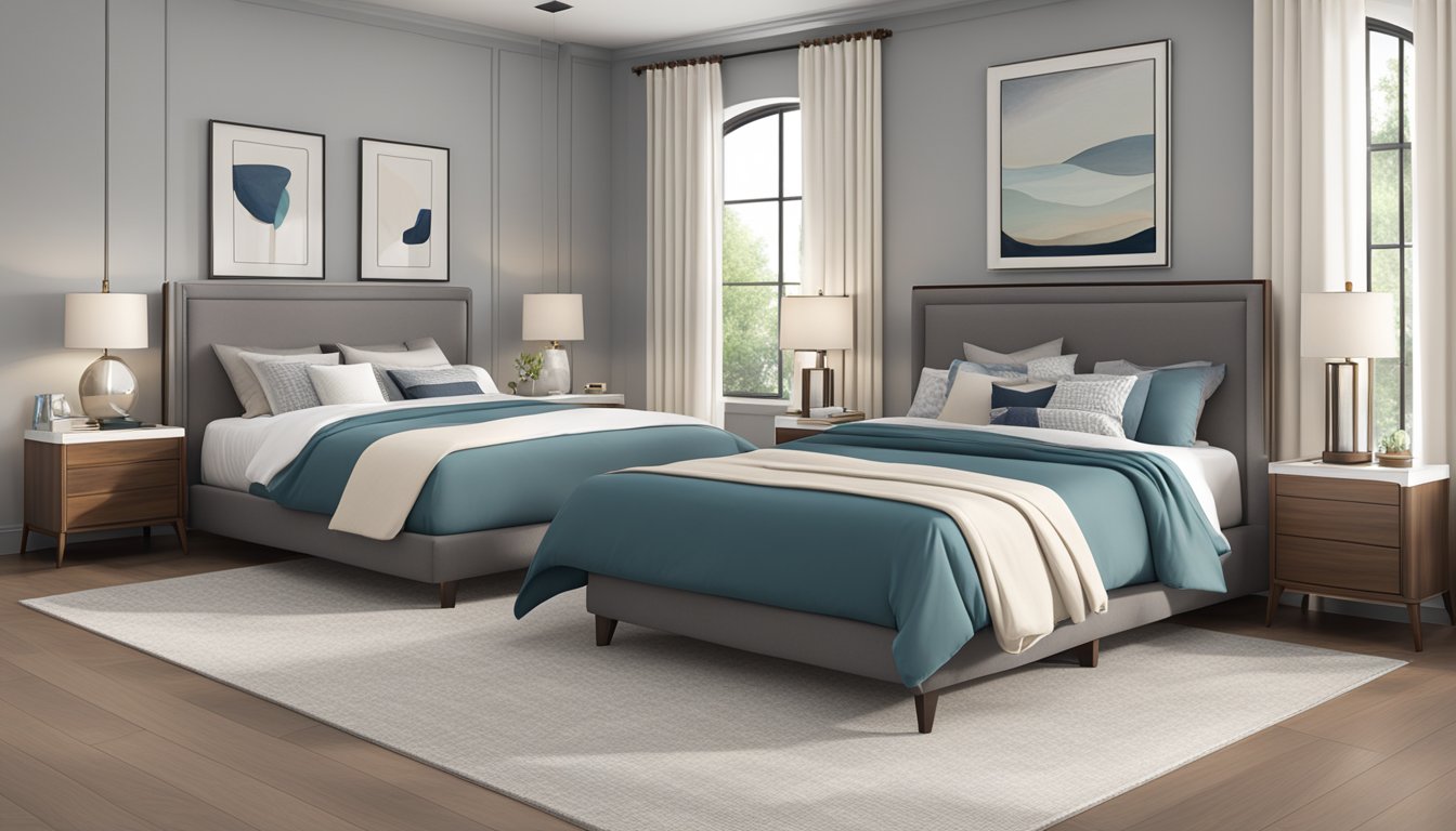 A double bed and queen bed side by side in a spacious bedroom with matching nightstands and lamps