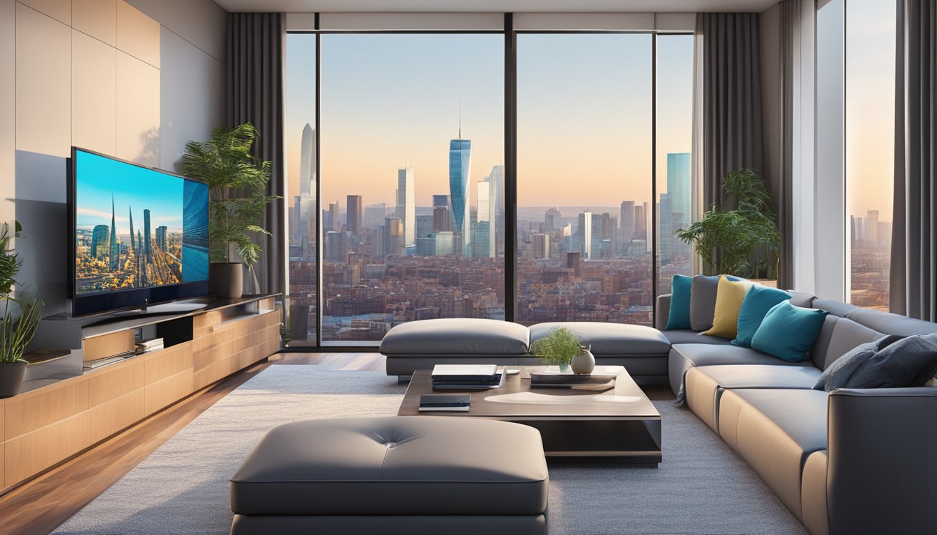 A modern living room with sleek furniture, a large flat-screen TV, and floor-to-ceiling windows with a view of the city skyline