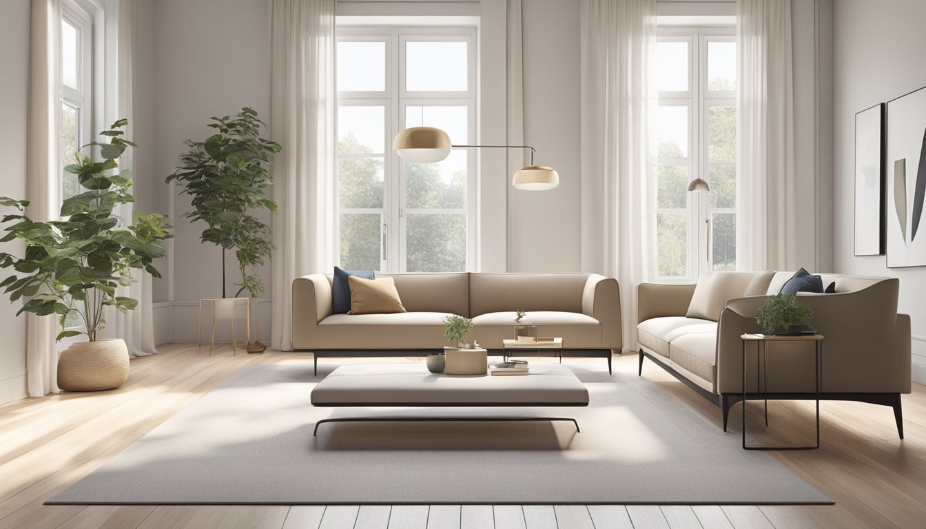 A spacious showroom with sleek, minimalist furniture arranged in stylish vignettes. Soft natural light floods the space, highlighting the clean lines and elegant designs of the Scandinavian furniture