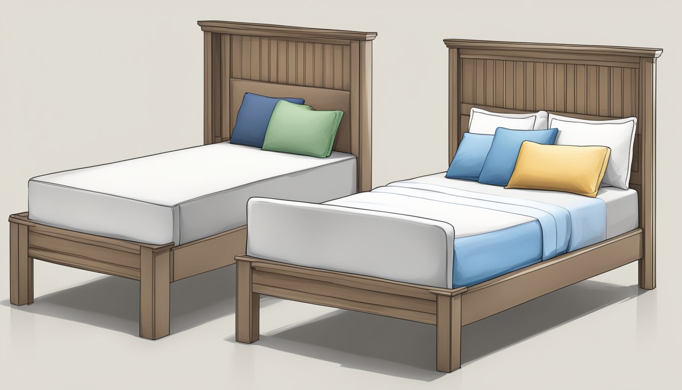 Two beds side by side, one regular single and the other super single, with labels above each bed