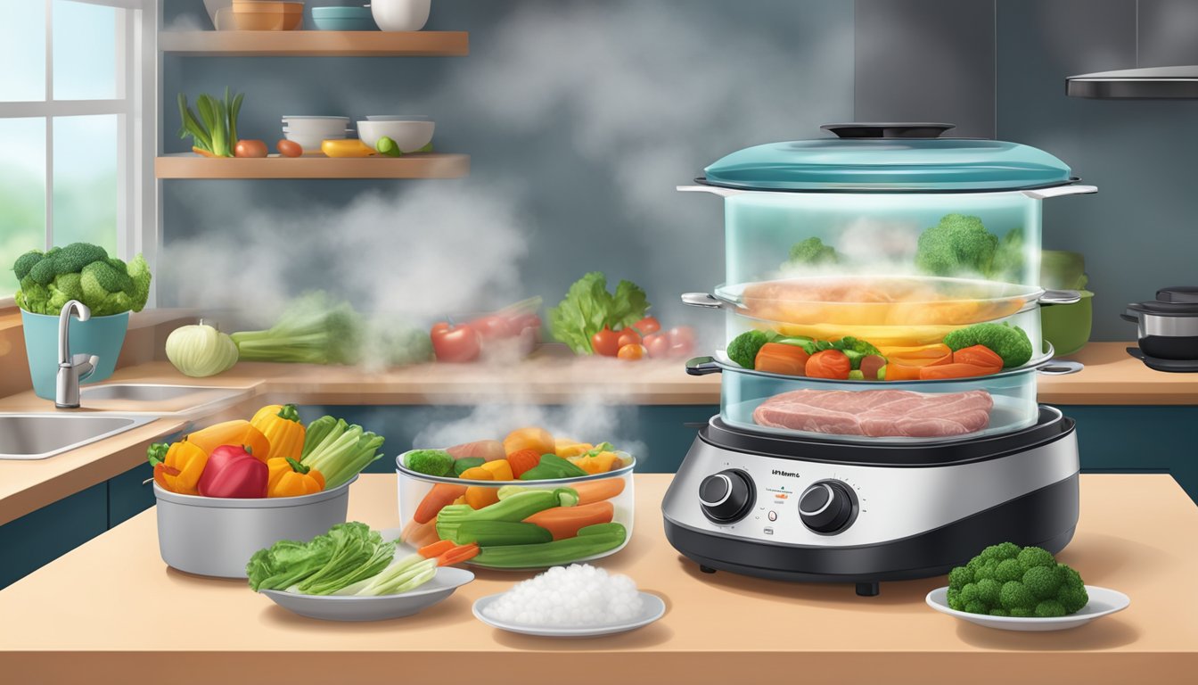 A food steamer sits on a kitchen counter, emitting steam from its vents as it cooks a variety of vegetables and meats inside