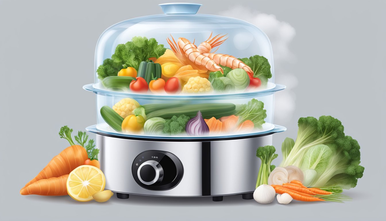 Assorted vegetables and seafood steaming inside a transparent food steamer, with wisps of steam rising from the top