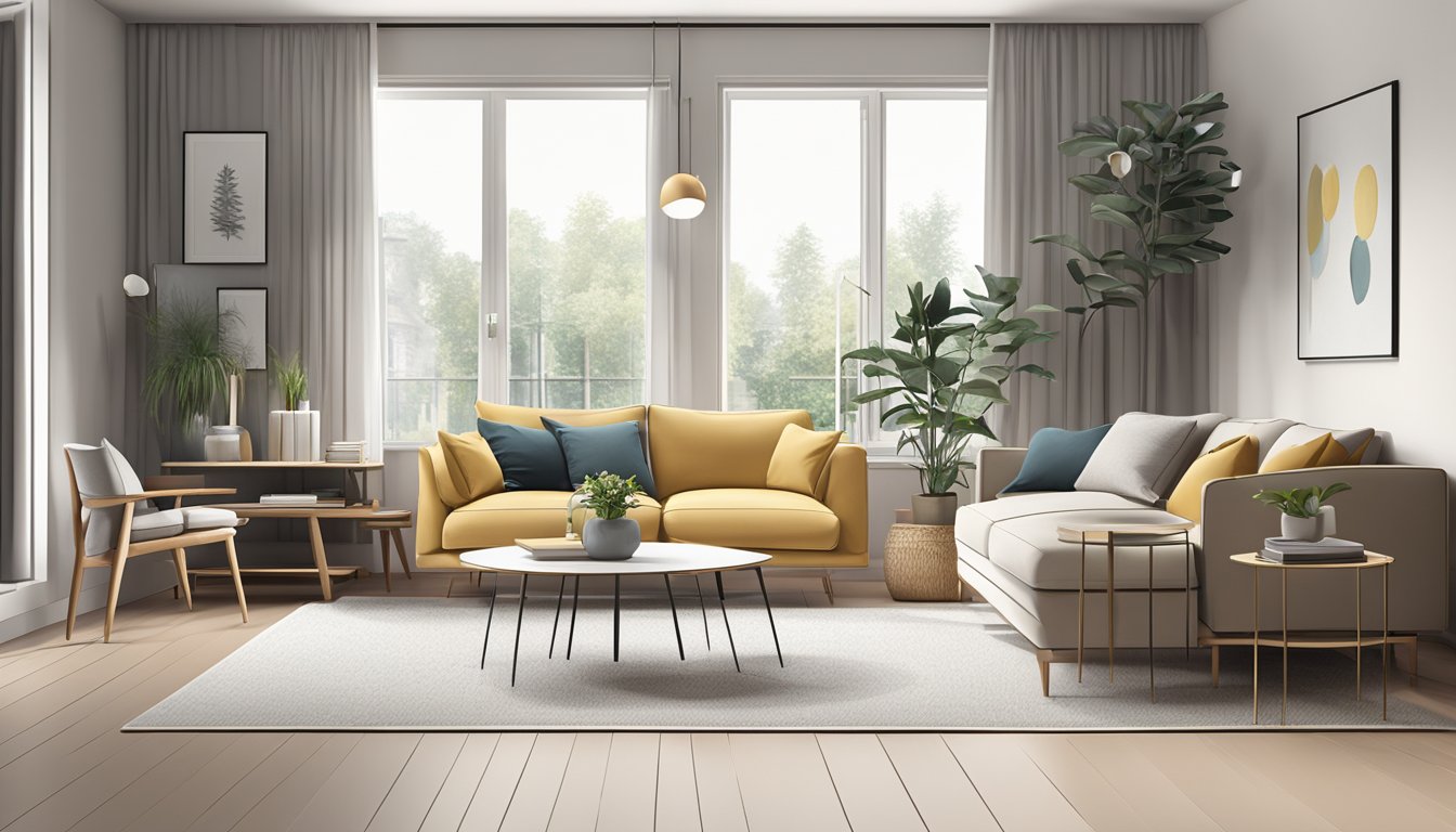 A modern living room with clean lines and minimalist decor, featuring Scandinavian furniture in a sleek and elegant setting