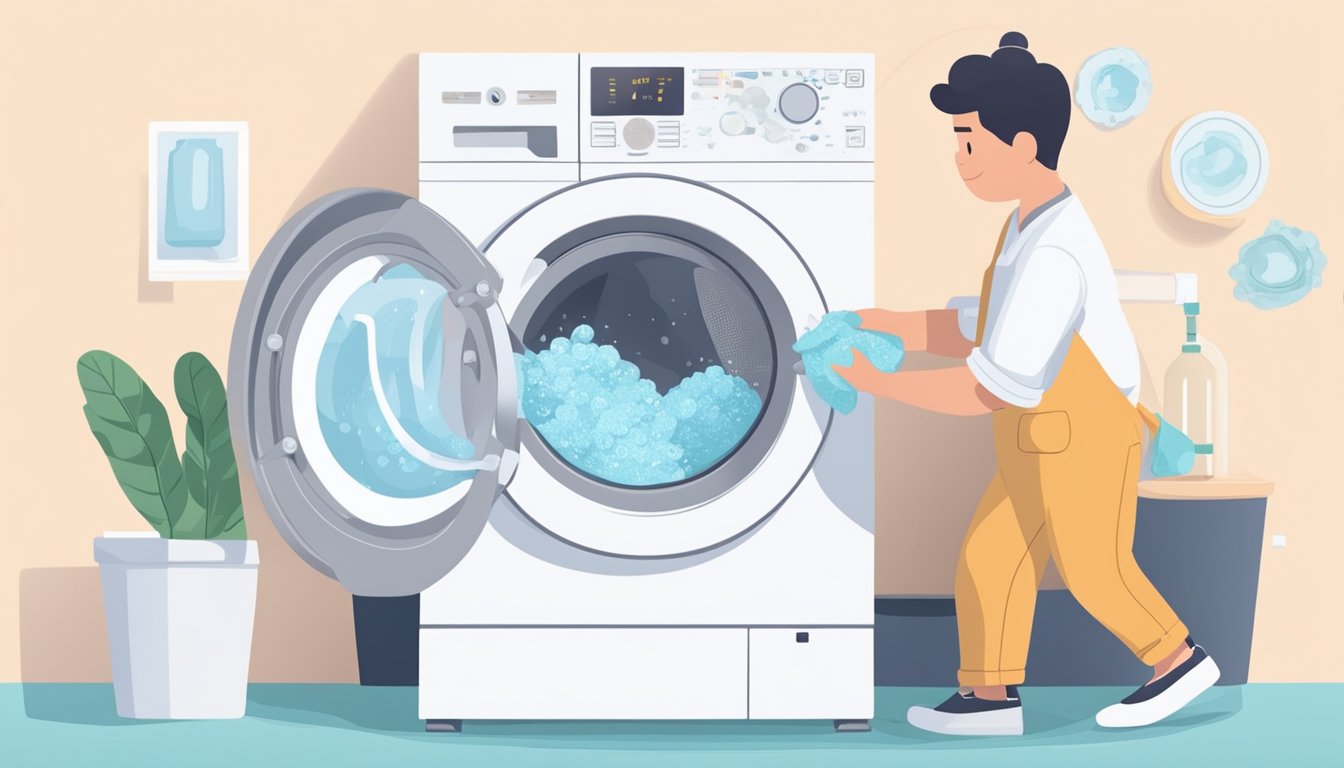 A person pours white vinegar and baking soda into a washing machine. They run a hot water cycle, then wipe the inside with a damp cloth