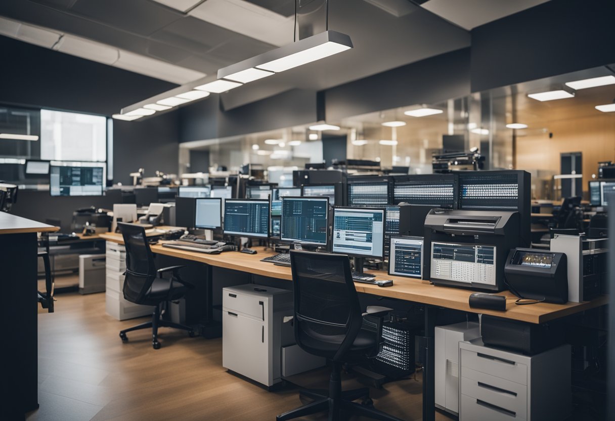 A small business workspace with automated machinery and technology, organized and efficient, with a focus on productivity and streamlining operations