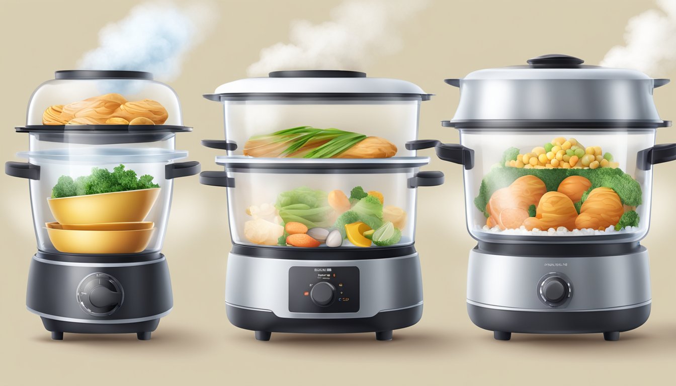 A food steamer releasing steam while cooking various ingredients in separate compartments