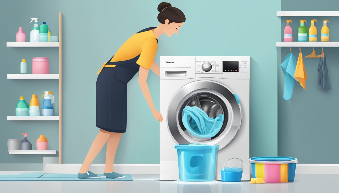 The washing machine door is open, revealing the drum inside. A cleaning solution is being poured into the detergent dispenser, while a cloth is used to wipe down the rubber seal and door