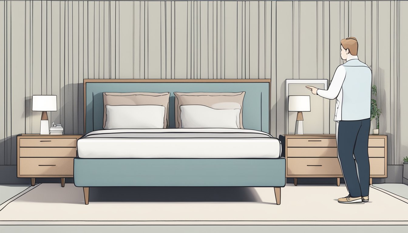 A double bed and a queen bed side by side, with a person standing in front, pointing and comparing the two