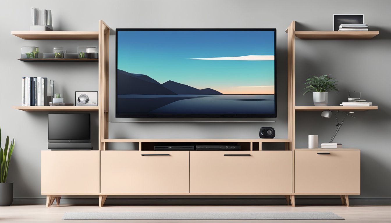 A sleek, minimalist TV console with clean lines and a glossy finish. It features open shelving for electronic devices and closed storage for cables and accessories