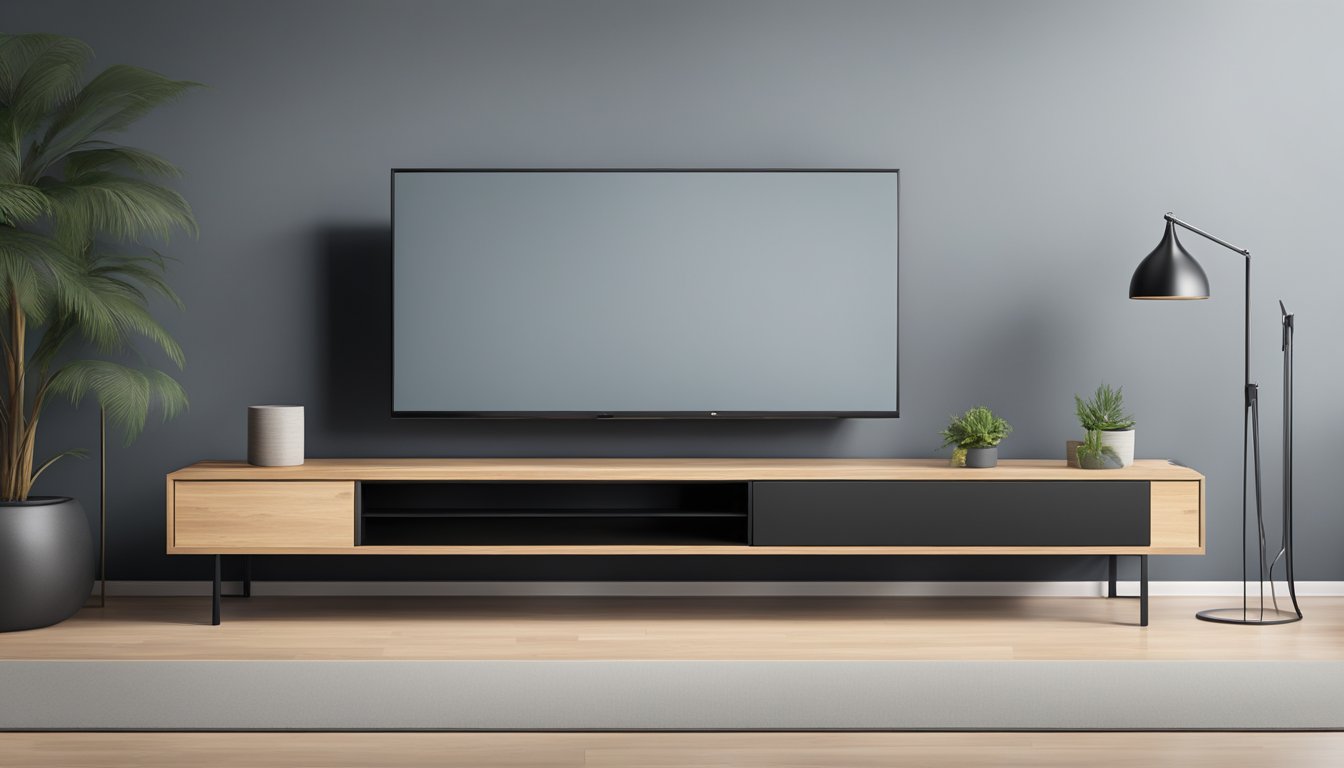 A sleek, minimalist TV console made of black metal and natural wood, with clean lines and a floating design
