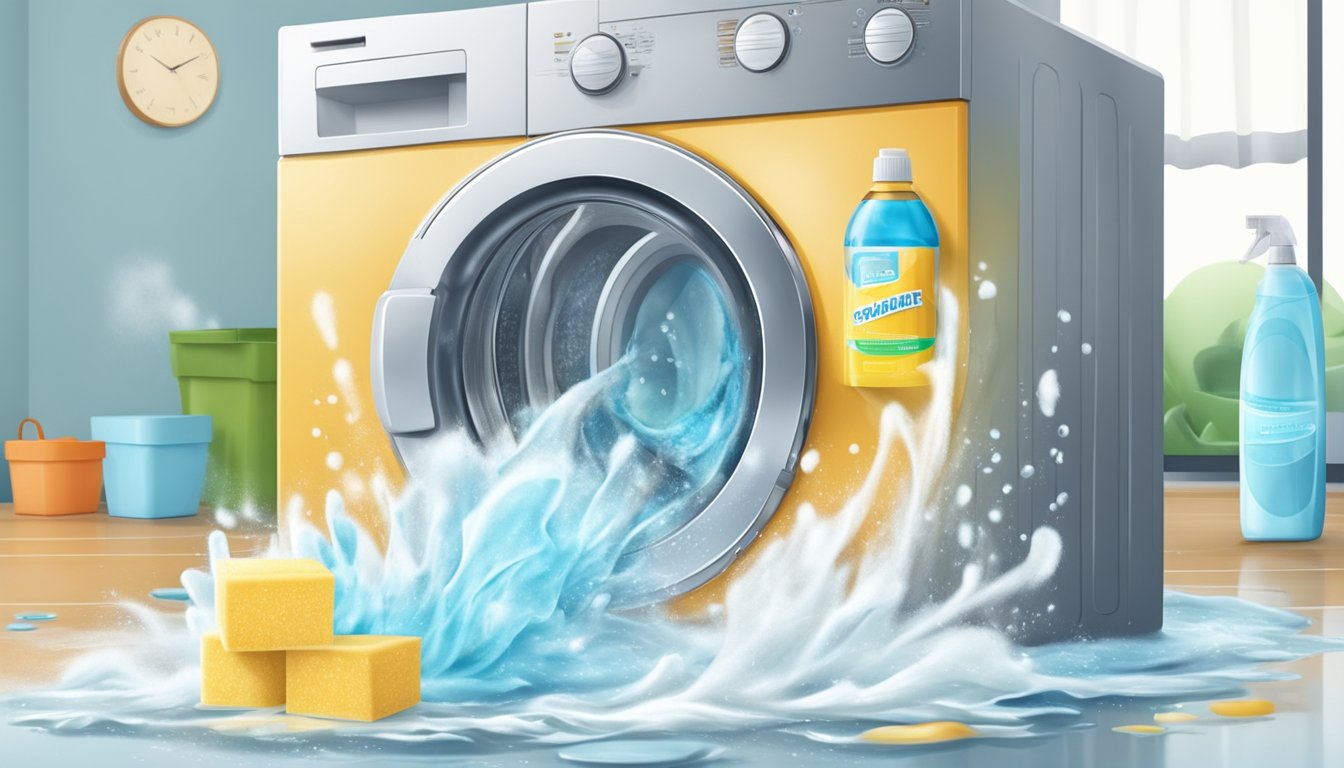 A washing machine being cleaned with a sponge and detergent, water running through the machine