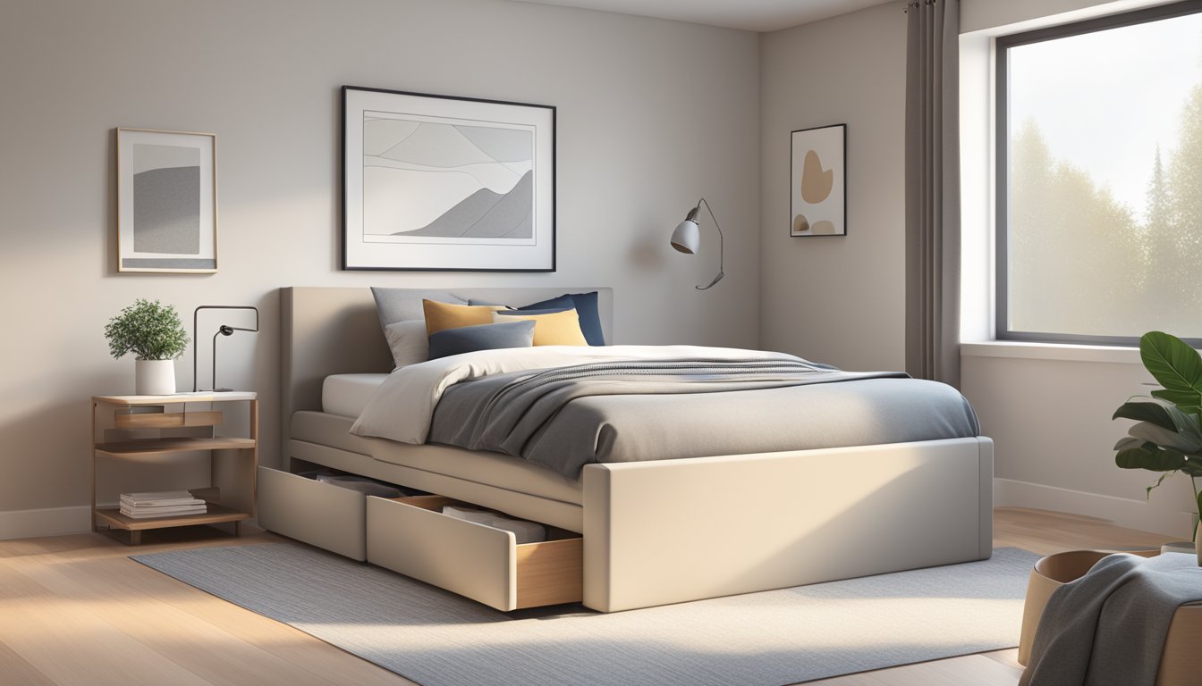 A simple, modern single storage bed in a cozy, minimalist bedroom with clean lines and neutral colors