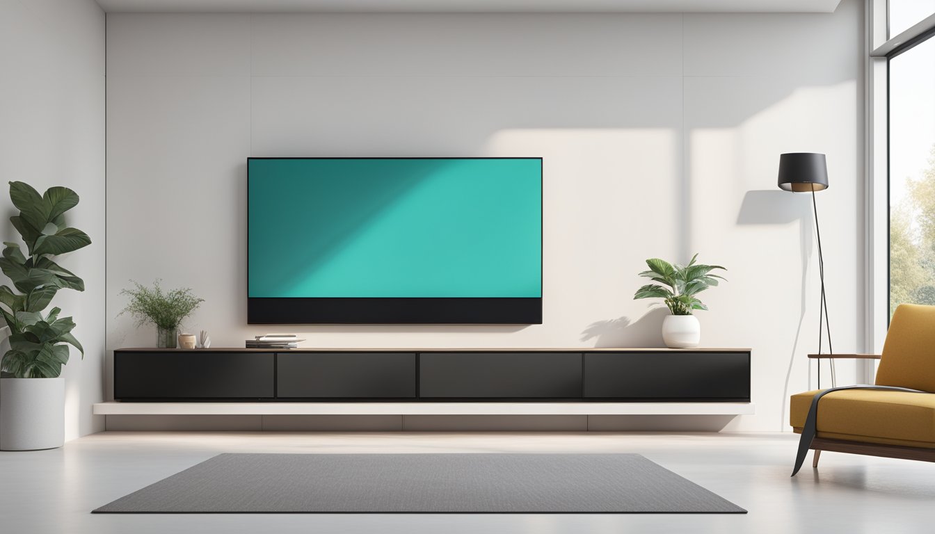 A sleek, modern TV console sits against a white wall, with a large flat-screen TV mounted above. The console features clean lines, open shelving, and a minimalist design