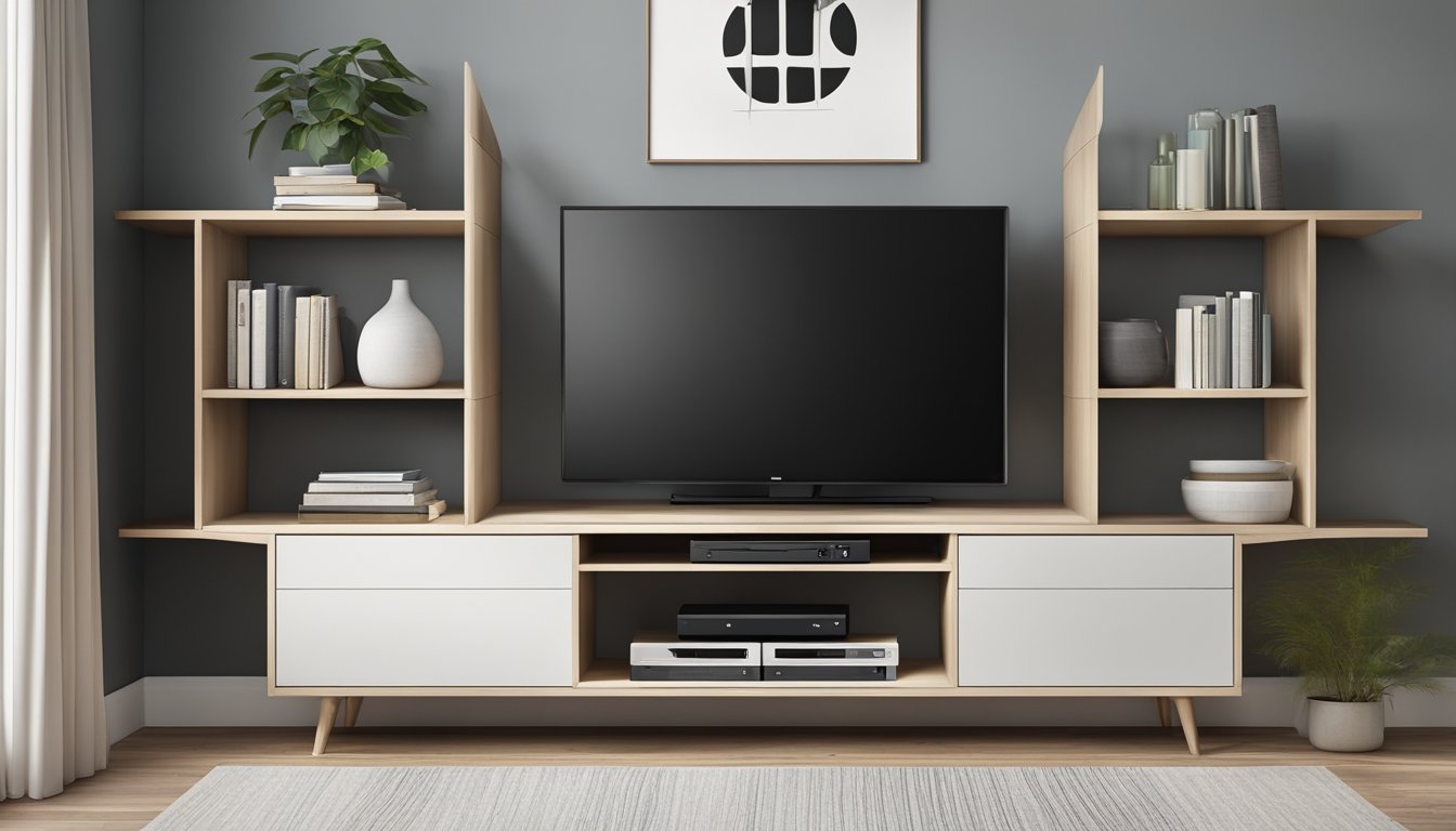 A sleek, minimalist modern TV console with open shelving and hidden storage compartments, showcasing its functionality and organizational solutions