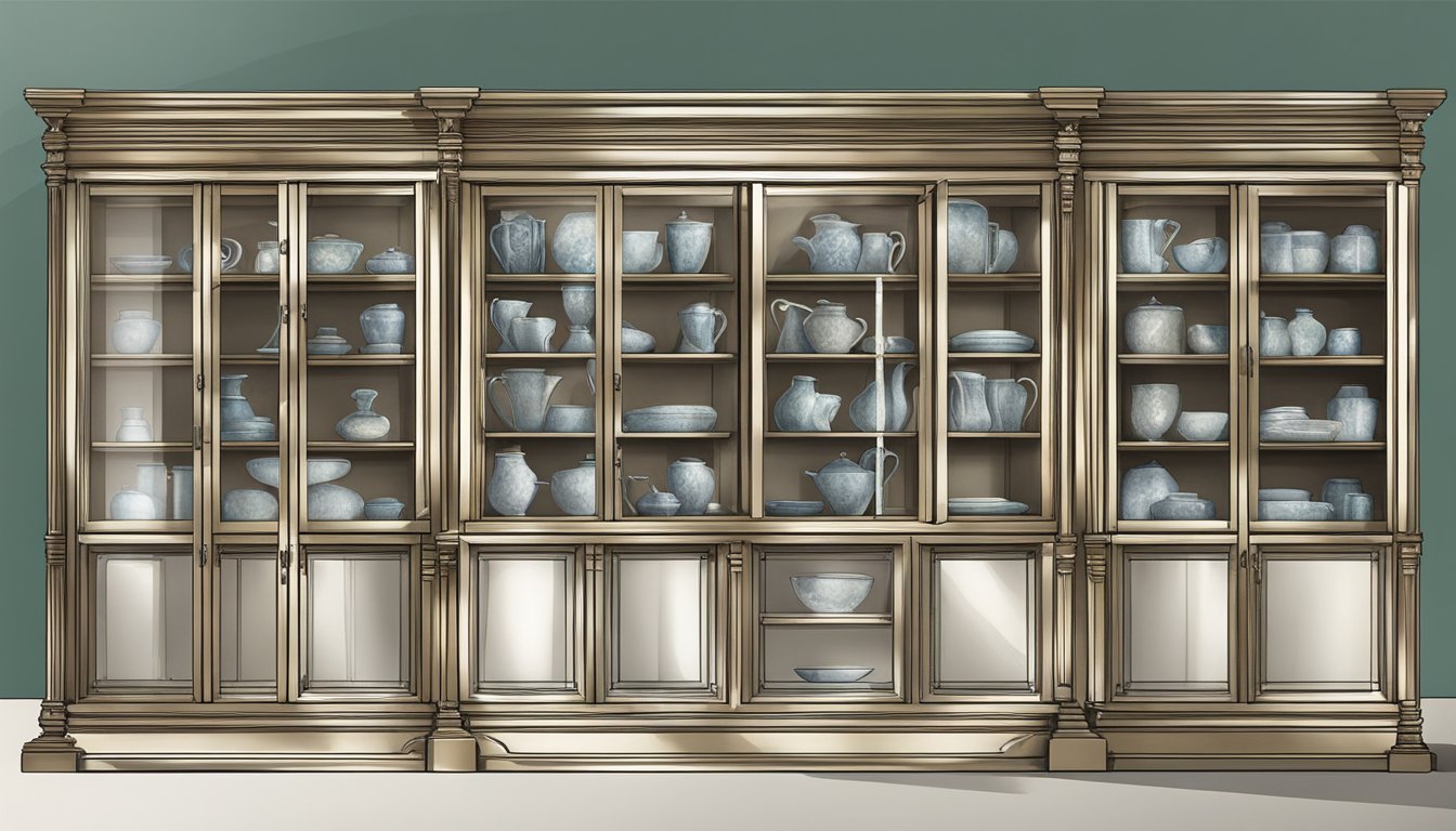 A display cabinet with glass doors showcasing various items