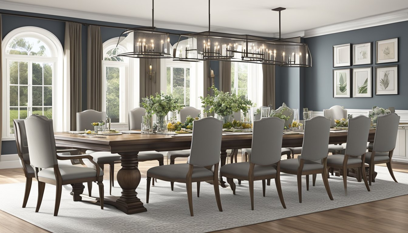 A 10-seater dining table, 96 inches long and 40 inches wide, with 10 chairs around it, set in a spacious dining room with ample natural light