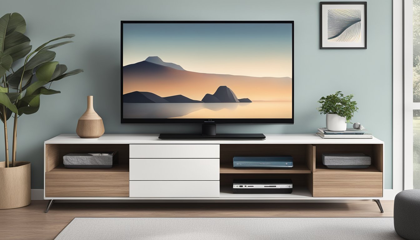 A sleek, minimalist TV console with clean lines and open shelving, featuring a built-in cable management system and a glossy finish