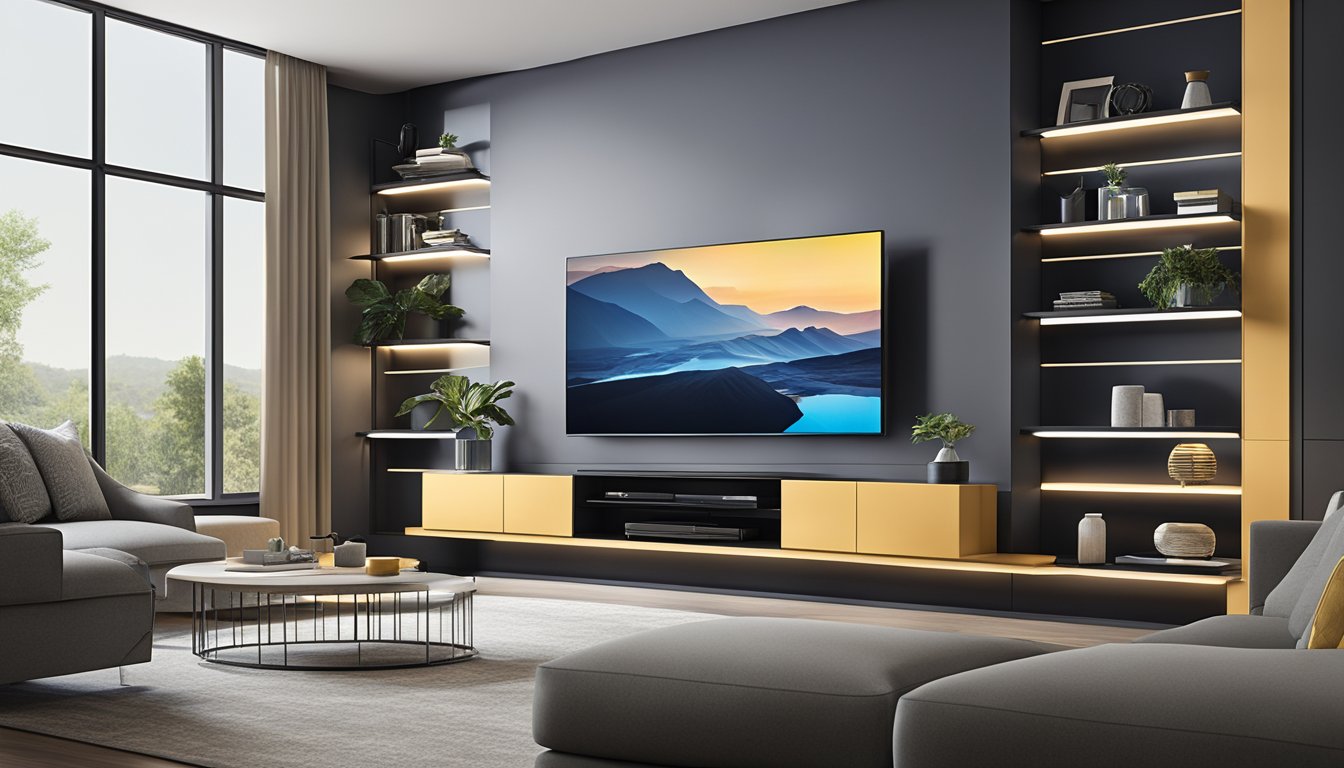 A sleek, modern TV console sits against a feature wall, flanked by floating shelves and accent lighting, creating a stylish and functional focal point in the living room