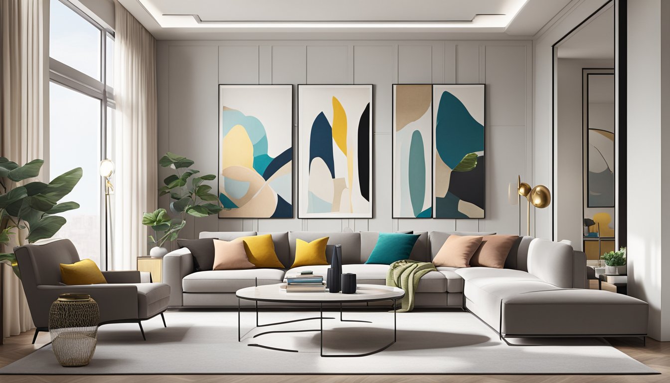 A sleek, minimalist living room with a neutral color palette, accented by bold pops of color in the form of vibrant art pieces and luxurious decorative accessories