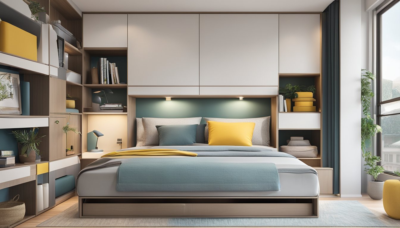 A single storage bed sits in a modern Singapore bedroom, with clean lines and sleek design. The bed frame features integrated storage drawers, maximizing space in the compact room