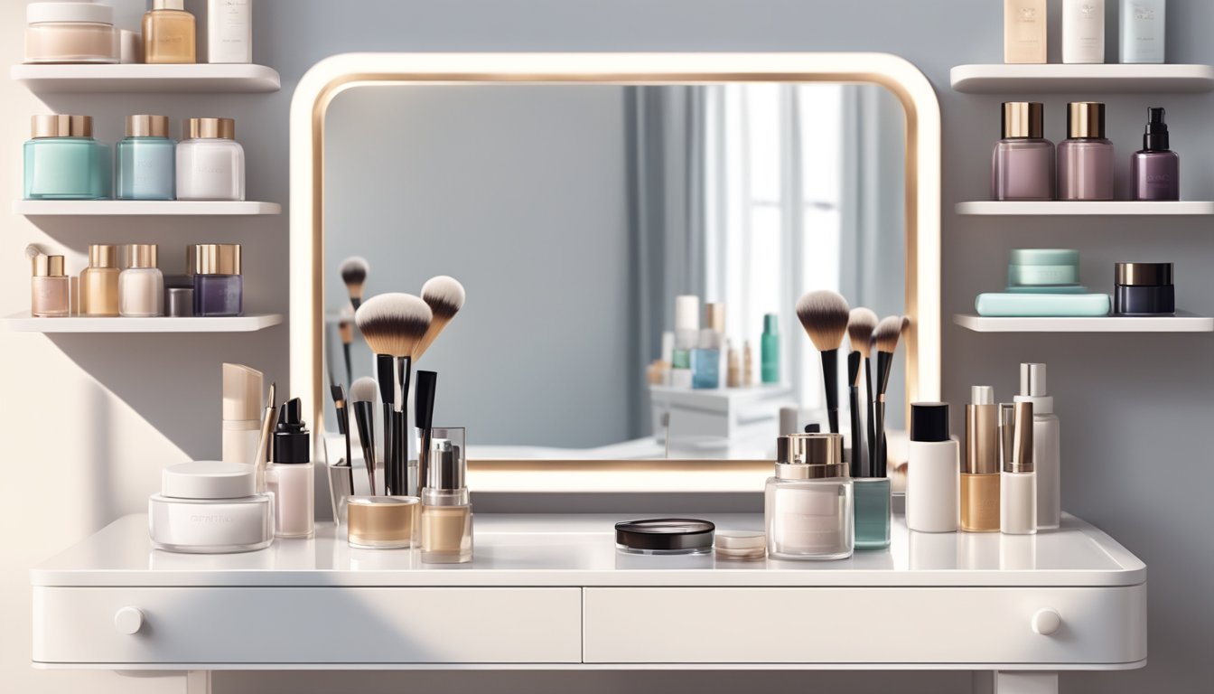A sleek white dressing table sits in a well-lit room, adorned with a mirror and various beauty products neatly arranged on its surface