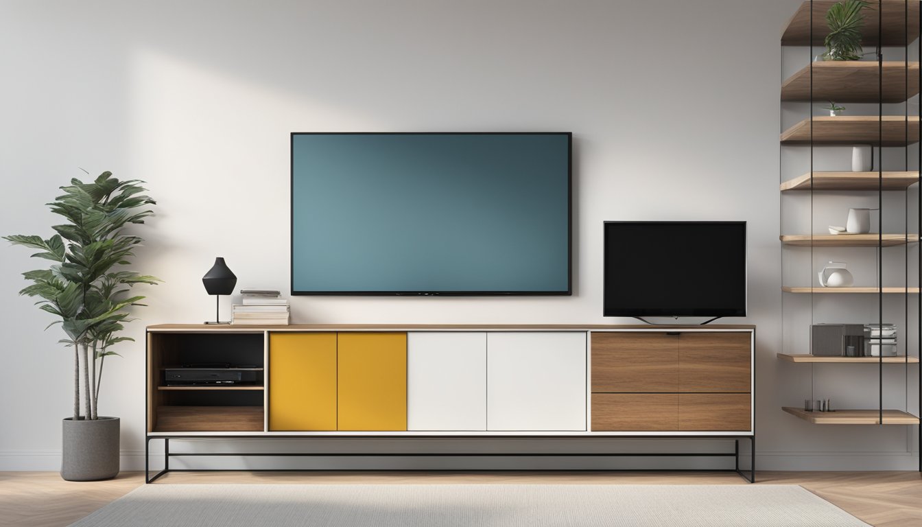 A sleek, modern TV console sits against a clean, white wall, with hidden storage compartments and cable management. The console features a minimalist design with clean lines and a combination of wood and metal materials