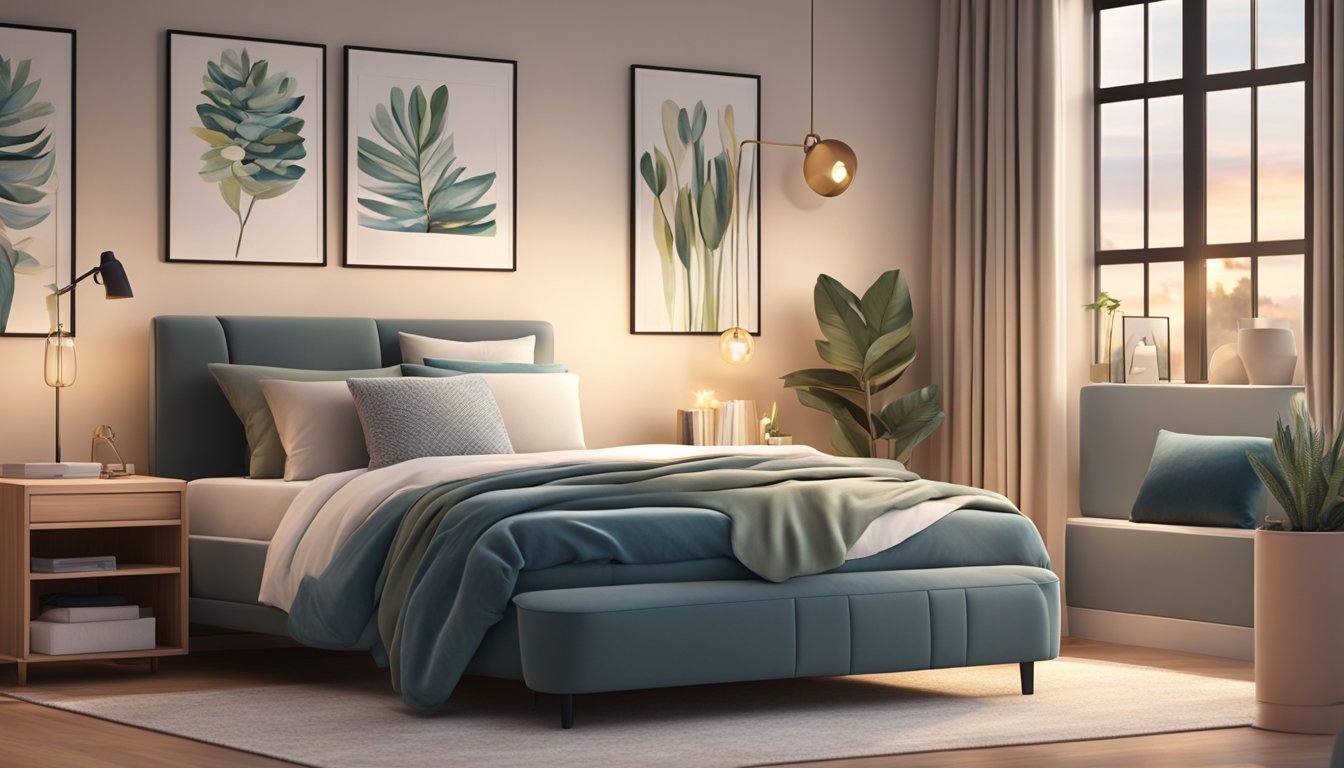 A sleek, modern single storage bed in a cozy bedroom, adorned with plush pillows and soft blankets, surrounded by stylish decor and warm lighting