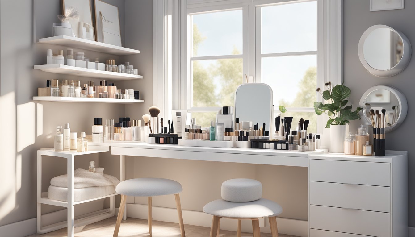 A sleek white ikea dressing table sits by a window, adorned with a mirror, makeup brushes, and neatly arranged skincare products