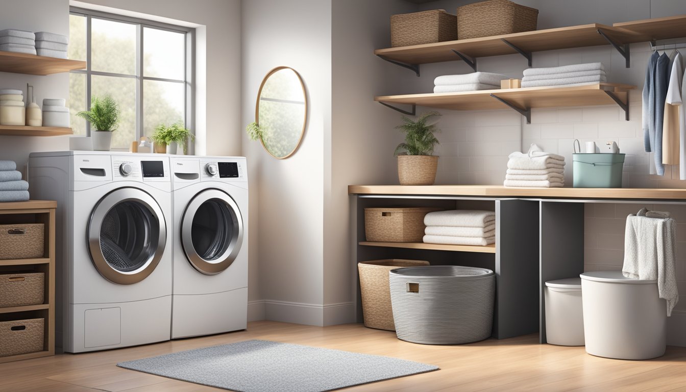 A modern, sleek washer dryer sits in a spacious laundry room, surrounded by shelves of neatly folded towels and a basket of freshly laundered clothes