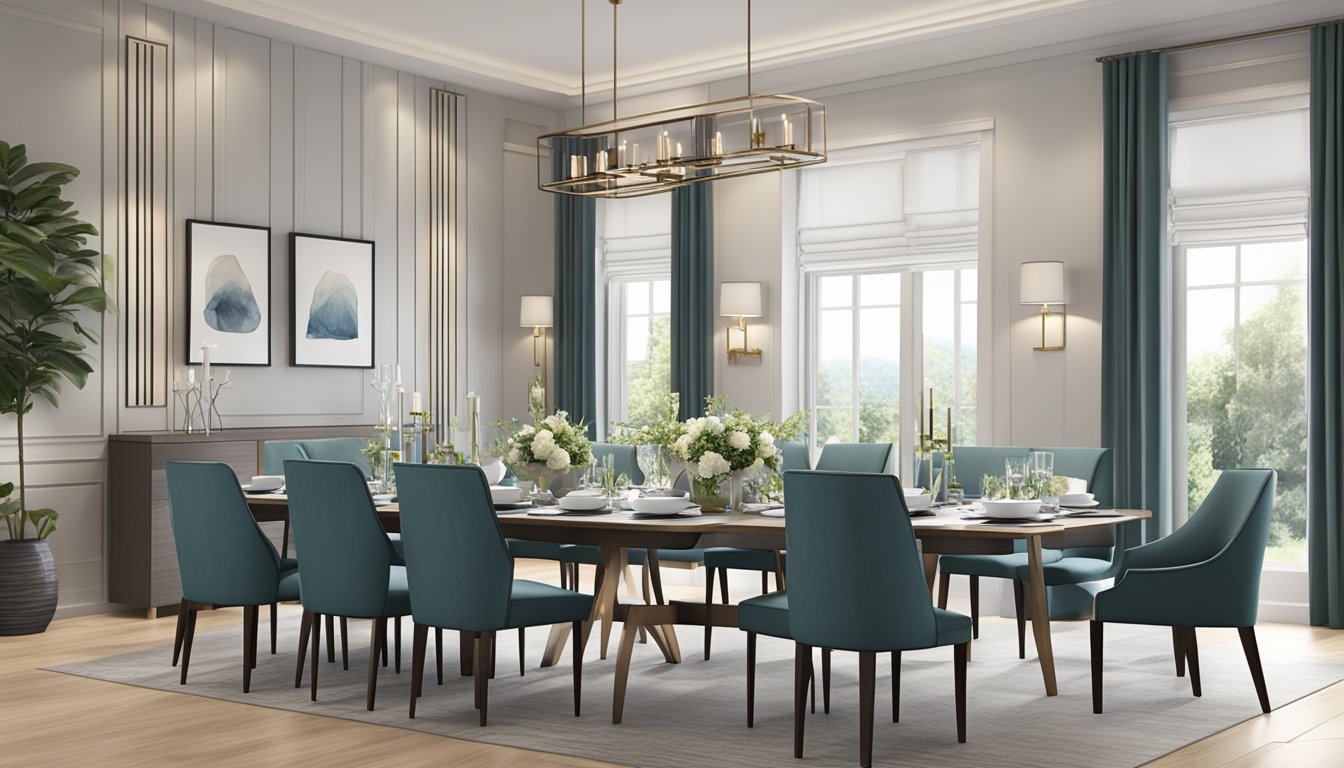 A spacious dining room with a sleek, modern 10-seater table as the focal point. The table is set with elegant dinnerware and surrounded by comfortable, stylish chairs