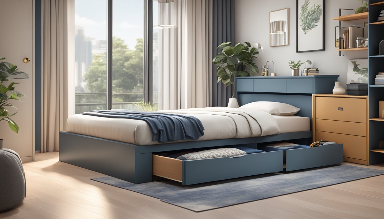 A single storage bed in a modern Singapore bedroom, with sleek design and integrated drawers for practicality