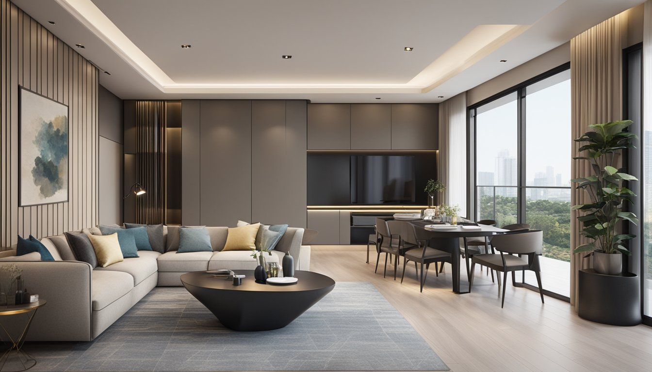 A sleek and elegant modern luxury interior design for an HDB, featuring clean lines, luxurious materials, and sophisticated furnishings