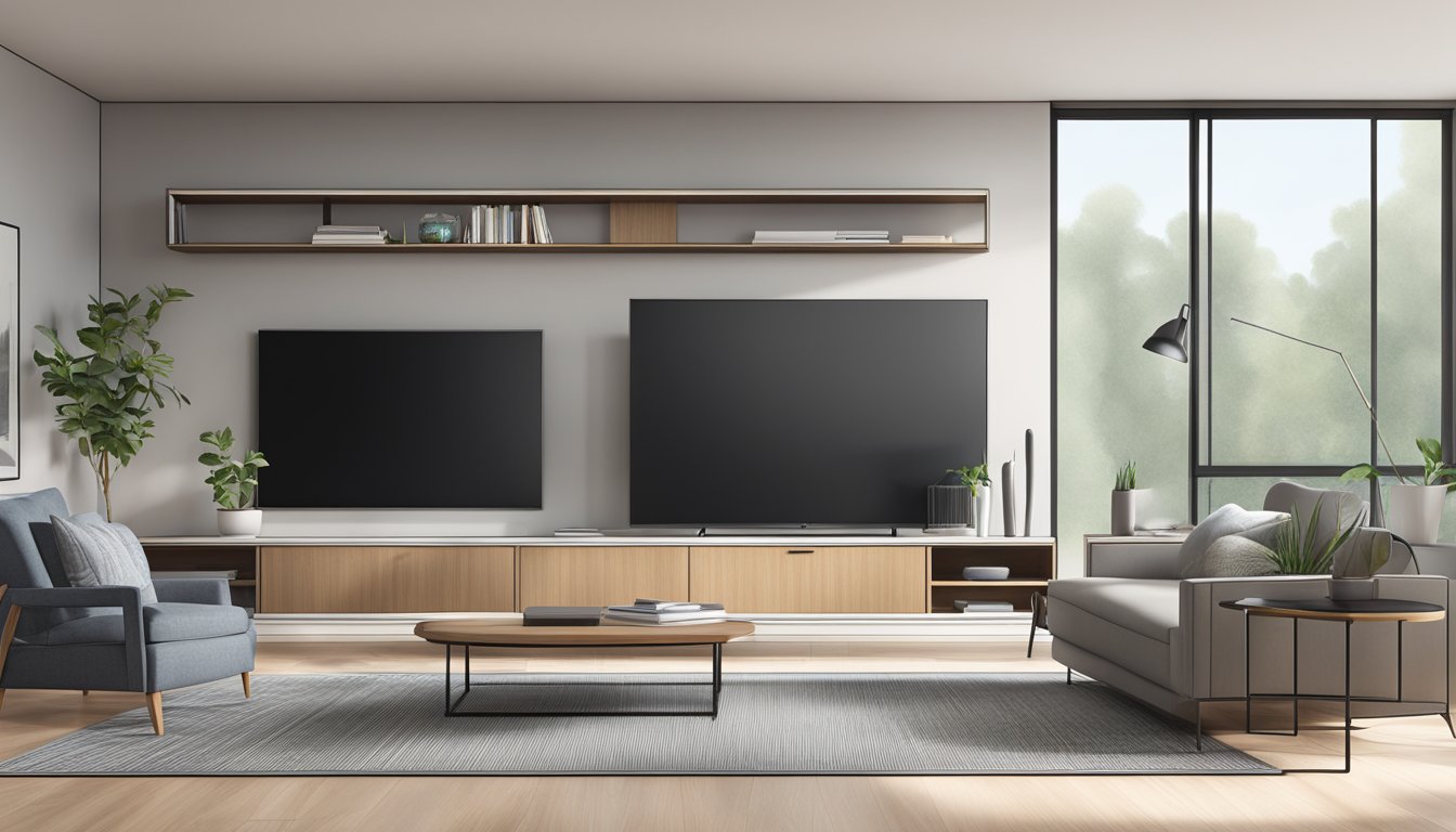 A modern living room with a sleek, minimalist TV console, featuring clean lines and open shelving for storage