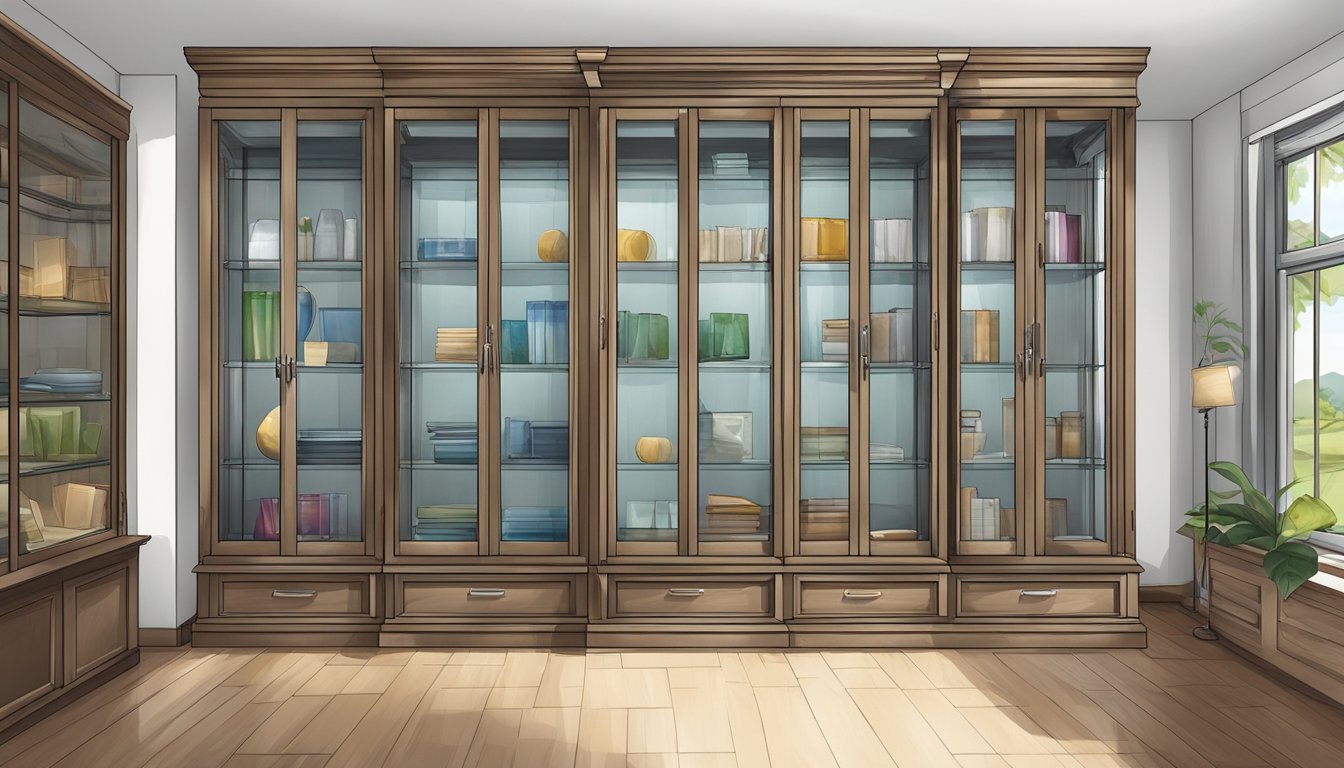 A display cabinet with glass doors holds Frequently Asked Questions materials