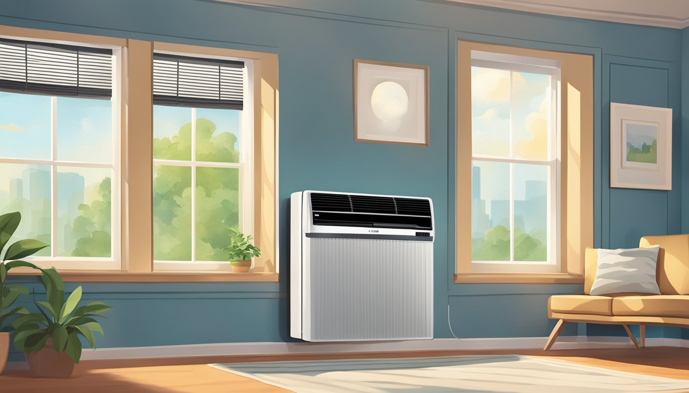 A window unit air conditioner hums as cool air flows into a sunlit room, casting a gentle breeze that ruffles the curtains